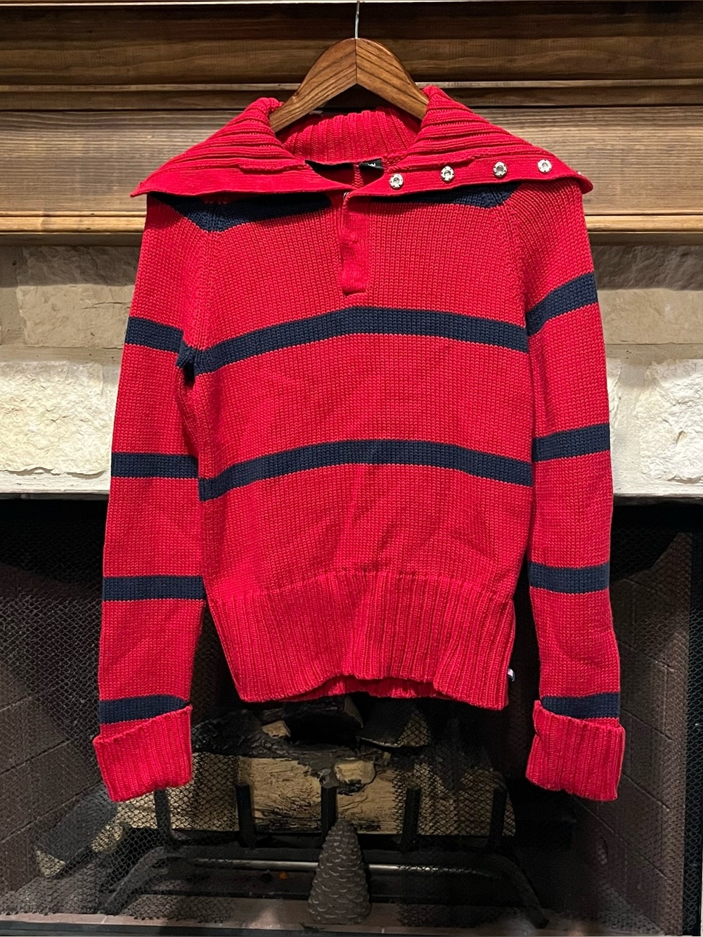 Polo Ralph Lauren Red Navy Striped Sailor Collar Nautical Knit Sweater Size M